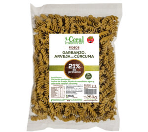 Tirabuzones sin gluten de harina de Arveja, Garbanzos y cúrcuma