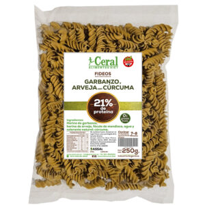 Tirabuzones sin gluten de harina de Arveja, Garbanzos y cúrcuma